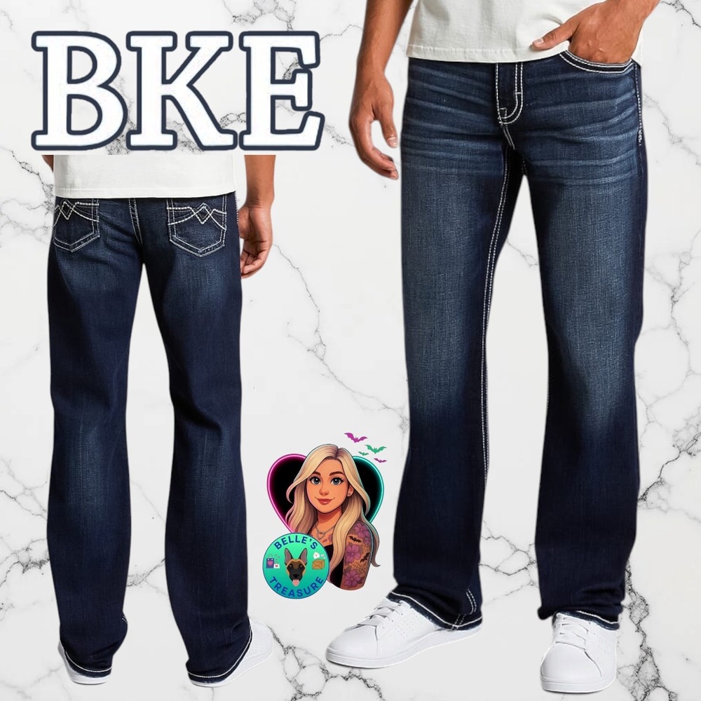 BKE Jake Straight Boot Jeans Mens 31x32 Dark Wash Stretch Contrast Stitch Denim